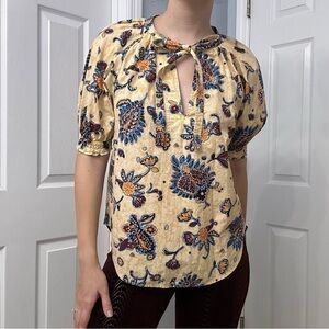 A.L.C. Blouse Puff Sleeve Apricot Ellis Patterned Boho Tie Cotton Size 6 Small